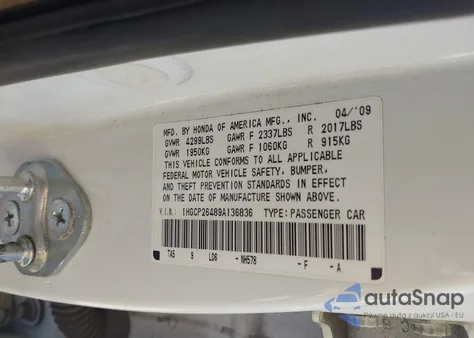 2009 Honda Accord 2.4 Lx-P z USA, uszkodzony, nr VIN 1HGCP26489A136836